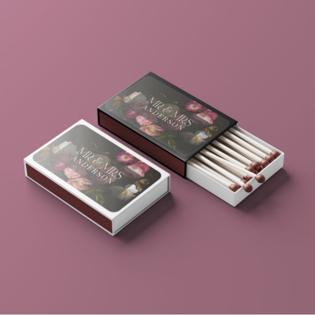 Personalized Burgundy Black Floral Wedding Favors Matchboxes (Creator Uploaded)