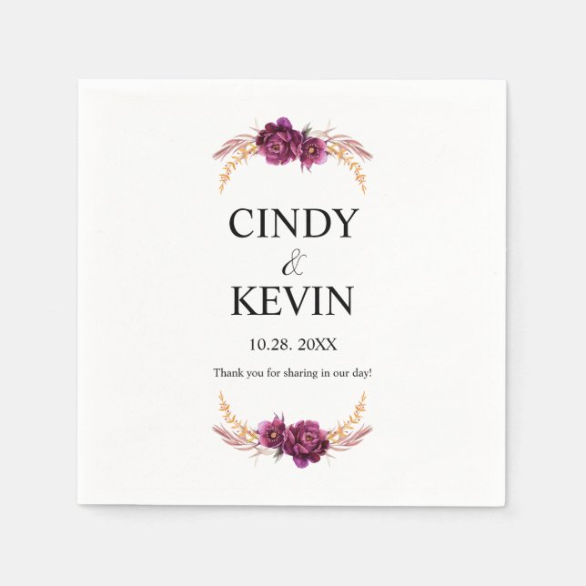 Personalized Burgundy Blossom Wedding Paper Napkins (Front)