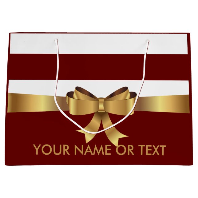 Personalized  Burgundy Bold Stripes Golden BOW  Large Gift Bag (Front)