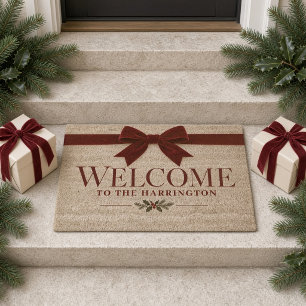 Personalized Burgundy Bow Christmas Welcome Fiber Doormat