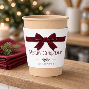 Personalized Burgundy Bow Merry Christmas Coffee Cup Sleeve