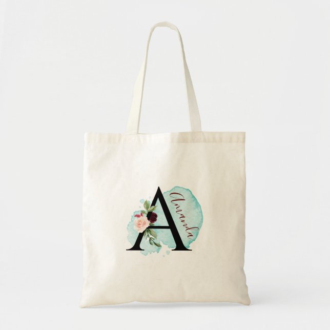 Personalized Burgundy Floral A Bridal Shower Gift Tote Bag (Front)