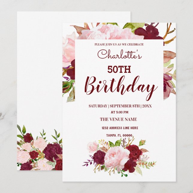 Personalized Burgundy Floral Birthday Invitation (Front/Back)