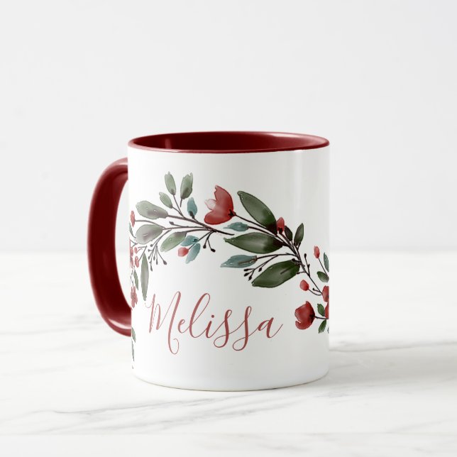 Personalized Burgundy Floral Monogram Name Mug (Front Left)