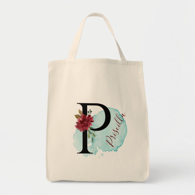 Personalized Burgundy Floral P Bridal Shower Gift Tote Bag (Front)