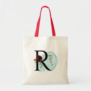 Personalized Burgundy Floral R Bridal Shower Gift  Tote Bag
