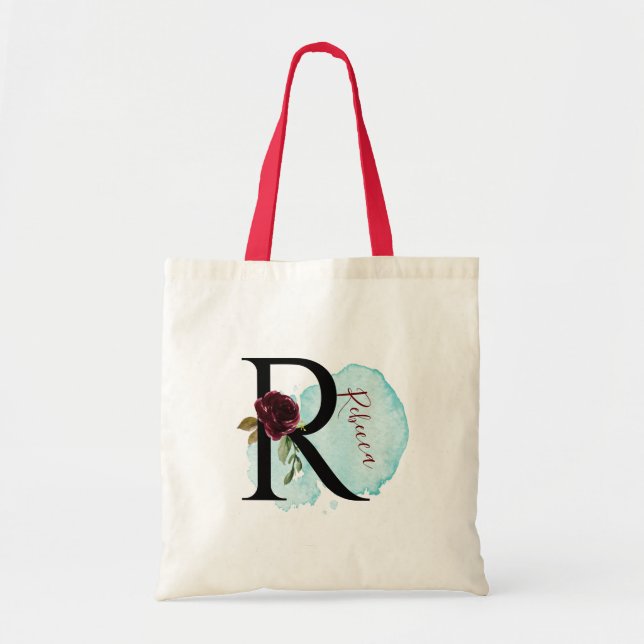 Personalized Burgundy Floral R Bridal Shower Gift  Tote Bag (Front)