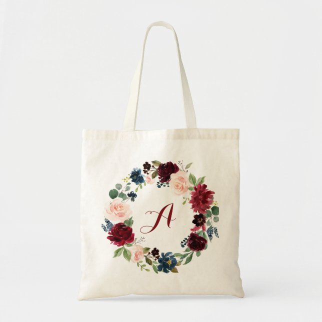 personalized  Burgundy Floral Tote Bag Bridesmaid (Front)