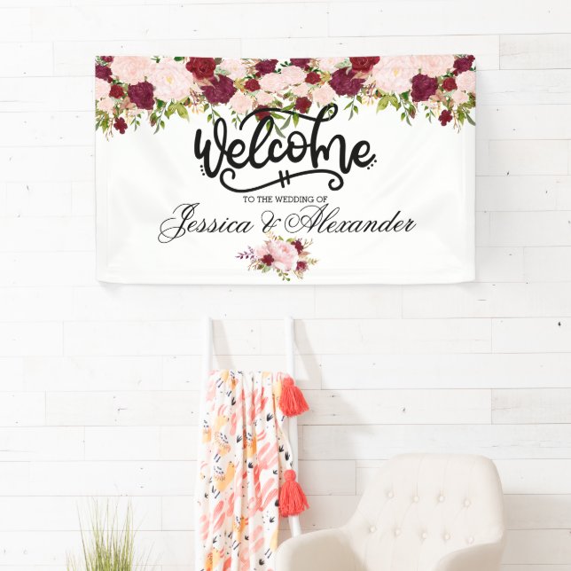 Personalized Burgundy Floral Wedding Banner (Insitu)