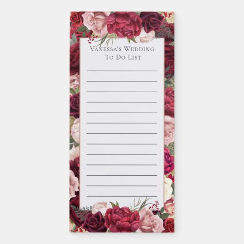 Personalized Burgundy Floral Wedding To Do List Magnetic Notepad