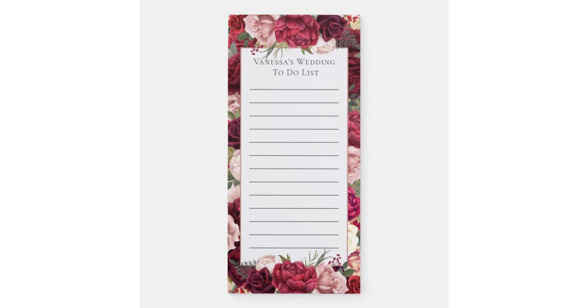 Personalized Burgundy Floral Wedding To Do List Magnetic Notepad | Zazzle