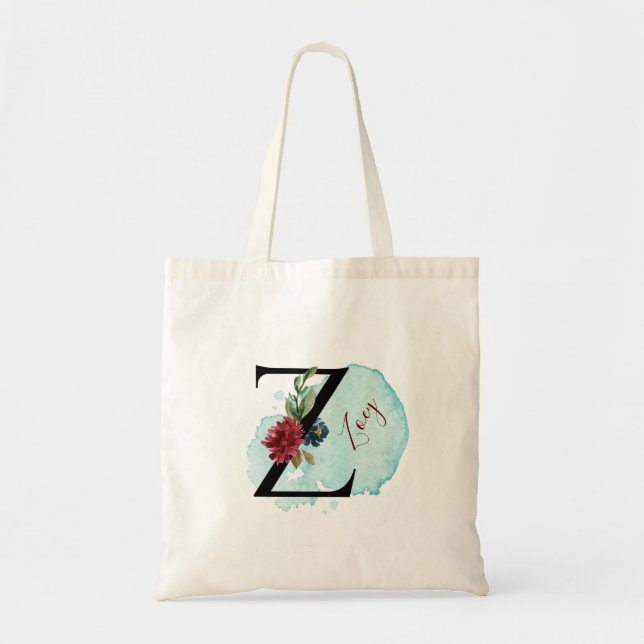 Personalized Burgundy Floral Z Bridal Shower Gift Tote Bag (Front)