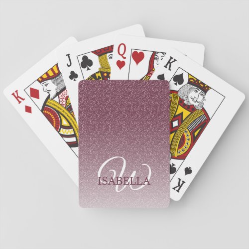 Personalized Burgundy Glitter Ombre Name Monogram Poker Cards