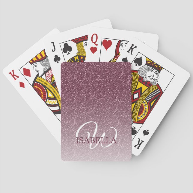 Personalized Burgundy Glitter Ombre Name Monogram Poker Cards (Back)