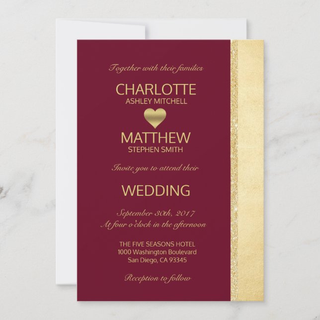 Personalized Burgundy Gold Fall Wedding Invitation (Front)