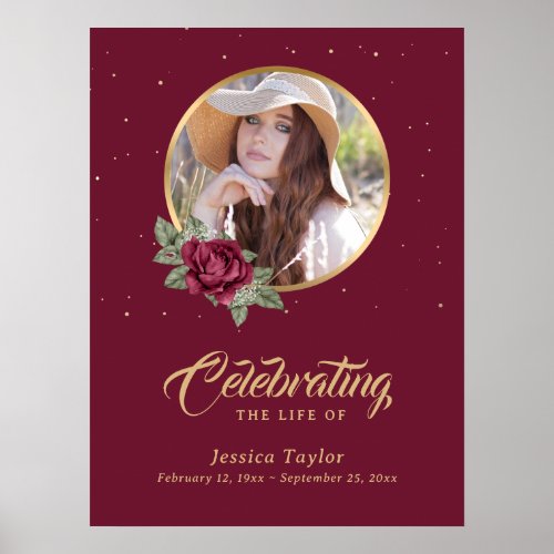 Personalized Burgundy Gold Floral Funeral Sign
