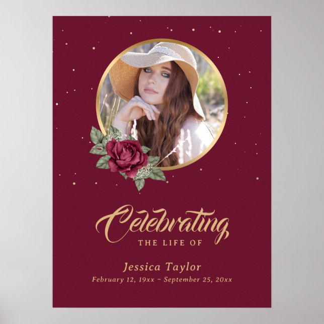 Personalized Burgundy Gold Floral Funeral Sign (Front)