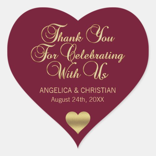 Personalized Burgundy Gold Thank You Heart Wedding Heart Sticker