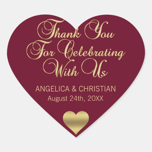 Personalized Burgundy Gold Thank You Heart Wedding Heart Sticker (Front)