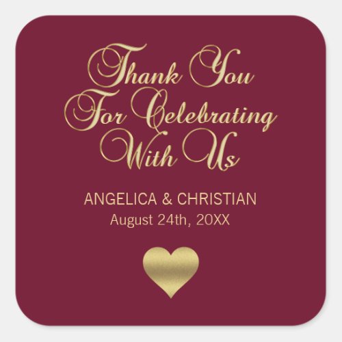 Personalized Burgundy Gold Thank You Wedding Square Sticker