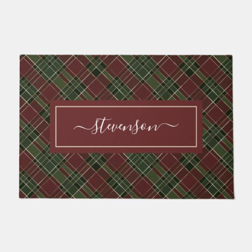 Personalized Burgundy Green Plaid Holiday Doormat