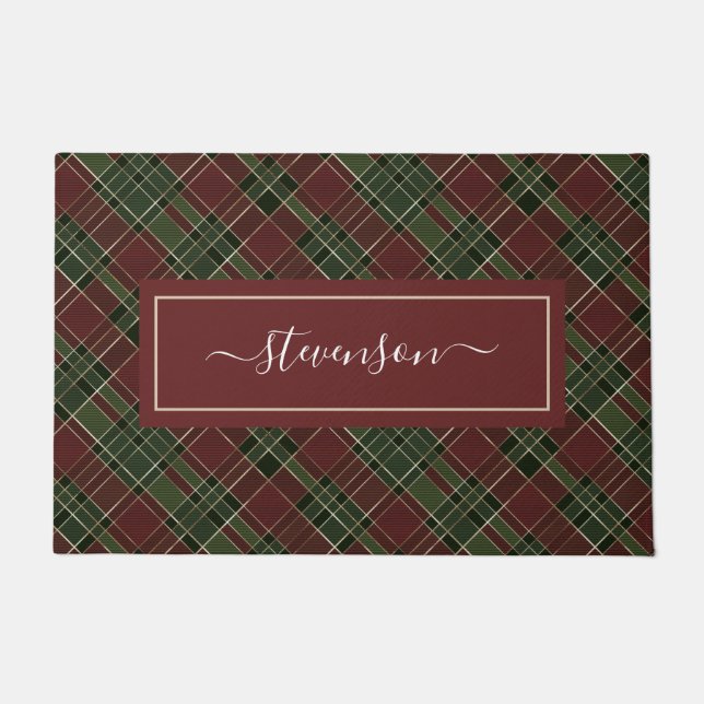 Personalized Burgundy Green Plaid Holiday Doormat (Front)