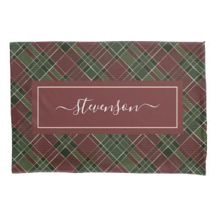Personalized Burgundy Green Plaid Holiday Pillow Case