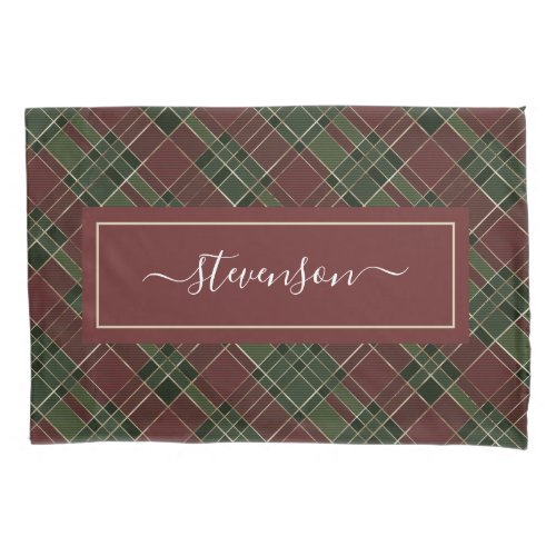 Personalized Burgundy Green Plaid Holiday Pillow Case