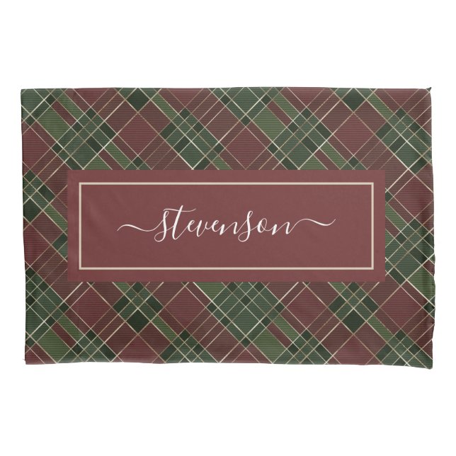 Personalized Burgundy Green Plaid Holiday Pillow Case (Front-Left)