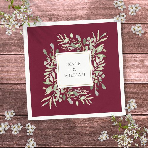 Personalized Burgundy Greenery Watercolor Foliage Napkins