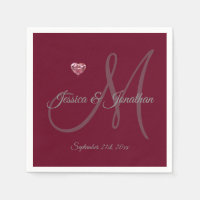 Personalized BURGUNDY Heart Monogrammed Wedding Paper Napkin