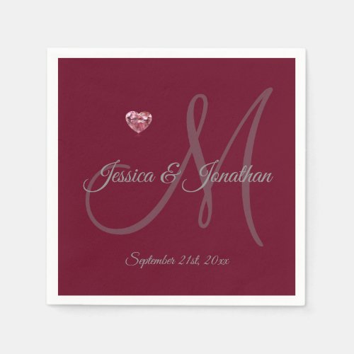 Personalized BURGUNDY Heart Monogrammed Wedding Paper Napkins