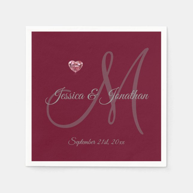Personalized BURGUNDY Heart Monogrammed Wedding Paper Napkins (Front)