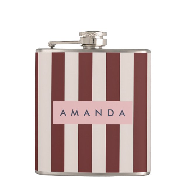 Personalized Burgundy & Ivory Stripe Flask (Front)