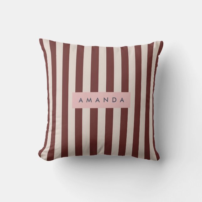 Personalized Burgundy & Ivory Stripe Throw Pillow (Front)