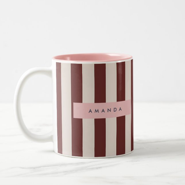 Personalized Burgundy & Ivory Stripe Two-Tone Coffee Mug (Left)