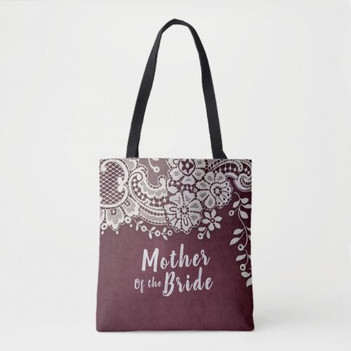 Personalized burgundy lace mother of the bride tote bag