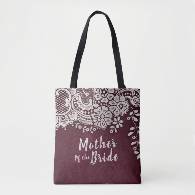 Personalized burgundy lace mother of the bride tote bag (Front)