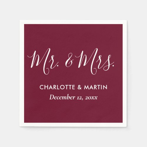 Personalized Burgundy Mr and Mrs Wedding Napkins