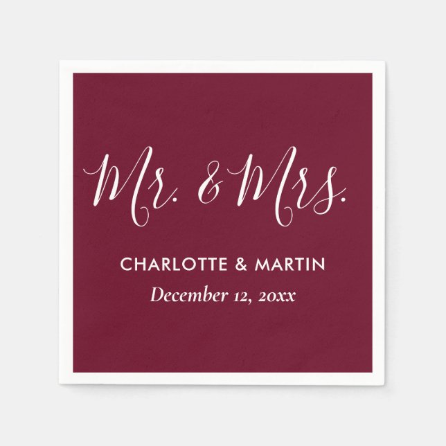 Personalized Burgundy Mr. and Mrs. Wedding Napkins (Front)