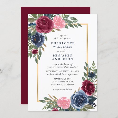 Personalized Burgundy Navy Blue Gold Floral Invitation