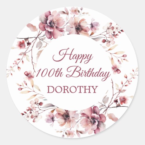 Personalized Burgundy Pink Floral 100th Birthday Classic Round Sticker