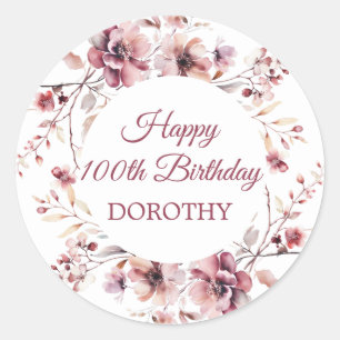 Personalized Burgundy Pink Floral 100th Birthday Classic Round Sticker