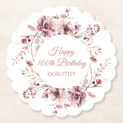 Personalized Burgundy Pink Floral 100th Birthday Paper Coaster