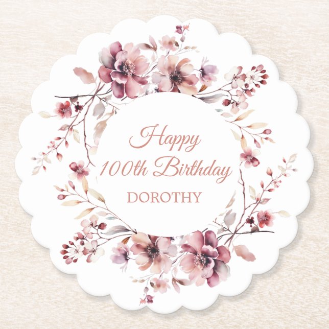 Personalized Burgundy Pink Floral 100th Birthday Paper Coaster (Front)