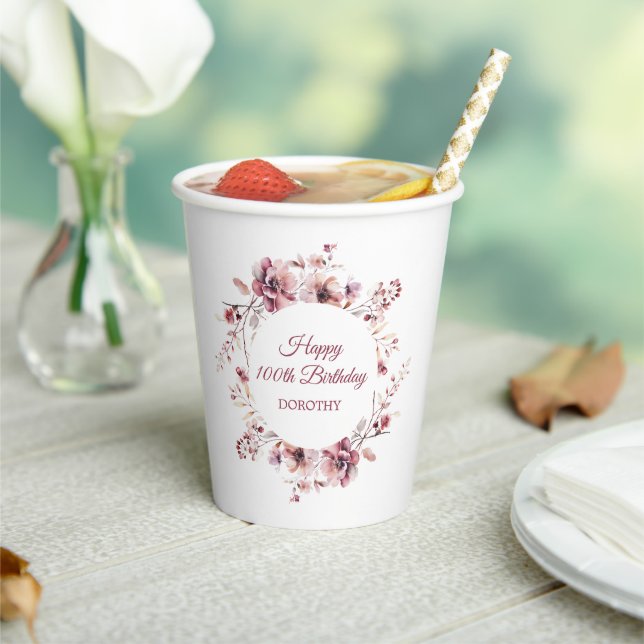 Personalized Burgundy Pink Floral 100th Birthday Paper Cups (Insitu)