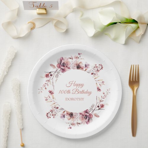 Personalized Burgundy Pink Floral 100th Birthday Paper Plates