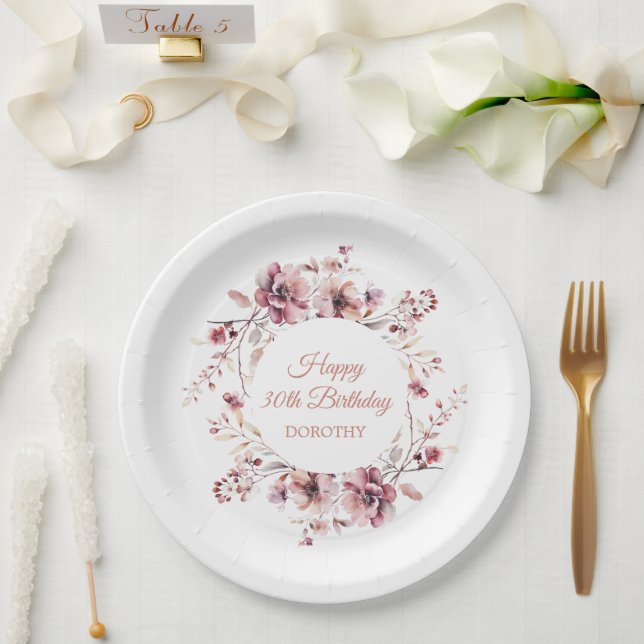 Personalized Burgundy Pink Floral 30th Birthday Paper Plates (Wedding)