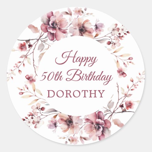 Personalized Burgundy Pink Floral 50th Birthday Classic Round Sticker