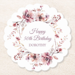 Personalized Burgundy Pink Floral 50th Birthday Paper Coaster